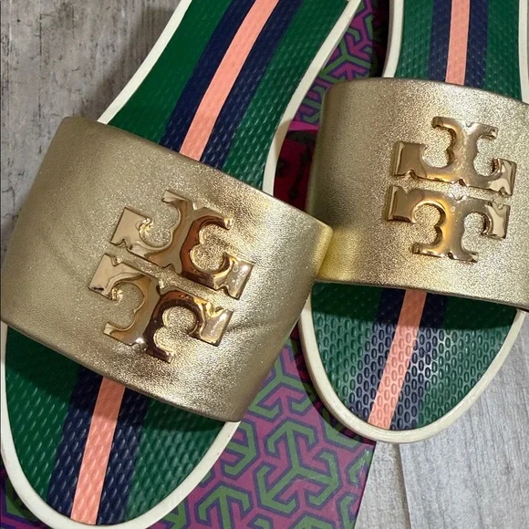 TORY BURCH - WOMEN’S GOLD LOGO JELLY SLIDE - SIZE 8 - Picture 6 of 9